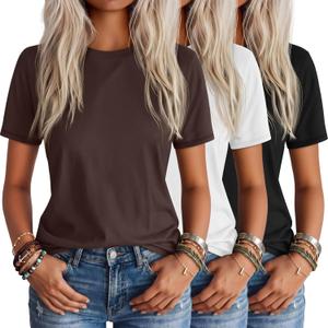 Ficerd 3 Pack Women's Short Sleeve T-Shirts, Loose Fit Crew Neck Tunic Tops Casual Solid Basic Tee Shirts Curved Hem Blouses