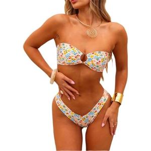 Alyweatry Women Floral Bandeau Bikini Set O Ring Strapless Tie Back Bikini Top High Cut Cheeky Thong Bathing Suit S