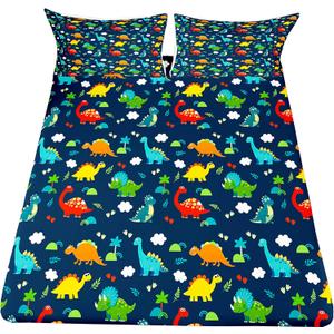 Dinosaur Fitted Sheet Queen Size Kids Bedding Set Cartoon Dinosaur Fitted Sheet For Boys Children Colorful Bedroom Decor Ancient Jungle Animals Bed Cover Tropical Hawaiian Palm Leaf Bed Set Blue (Queen(60"x80"), Multi 108)