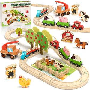 Lehoo Castle Wooden Train Set for Toddlers 2-4 - Wooden Train Track Set for Kids, Farm Animal Train Toys for 3 4 5 6 Year Old Boy Girl Birthday Gifts