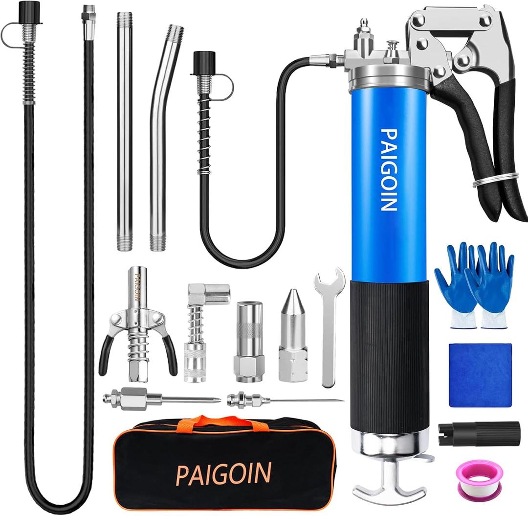 Grease Gun Kit 8000 PSI Heavy Duty 14 OZ Pistol Grip Grease Guns with 19" & 28" Spring Flex Hose,Quick Release Coupler,90 Degree Adapter,2 Needle Tips,2 Nozzles,2 Extension Tubes (Blue)