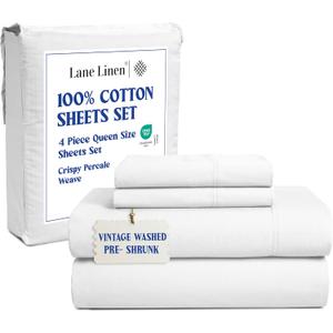 LANE LINEN 100% Mercerized Cotton Pre Washed Percale Queen Size Sheet Set, Oeko Tex Certified Low Pill Fade Resistant Fully Elasticized Reinforced Seam Soft & Comfy Sheets Queen Size Bed Set-White