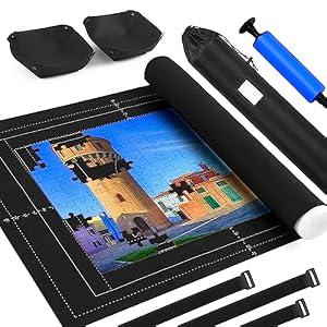 Jigsaw Puzzle Mat Roll Up Fits 2000 1500 1000 Pieces Puzzles, Large Pad Portable Table Non-Slip Board Saver Mats with 2 Sorting Trays, Inflatable Tube, 3 Straps, Keeper Storage Bag, Adults Gifts