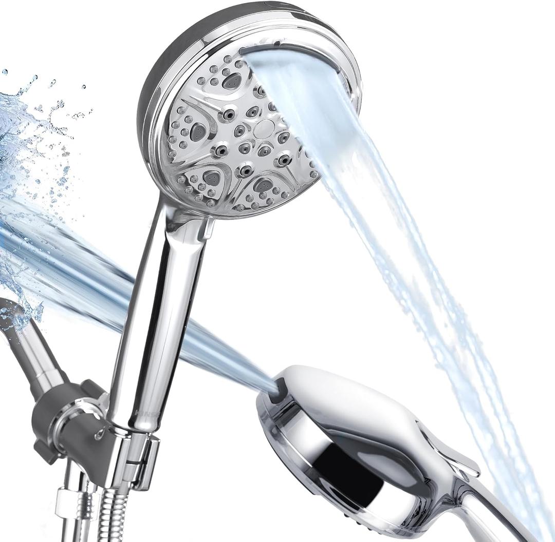 KINSE High Pressure Shower Head with Hose,9-Mode Handheld Shower Head, 5" Shower Head with 71" Extra Long Shower Hose & Adjustable Bracket,Built-In Power Wash to Clean Tub, Tile & Pets (Chrome)
