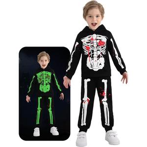 Kid Boy Girl Halloween Outfit Pumpkin/Skeleton Print Long Sleeve Hood Pullover Sweatshirt +Long Pants 2Pcs, Size: 5-6 Years