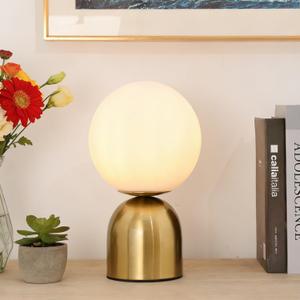 Gold Globe Table Lamp 12", Modern Vintage Orb Lamp, Milky Glass Ball Desk Lamp with Metal Base for Bedroom Bedside Nightstand