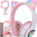 kuyaon Wireless Headphones for Kids, Cat Ear LED Light Up Bluetooth Kids Headphones with Microphone for School/Travel/Sports/Gaming/Gifts/Christmas (Pink)