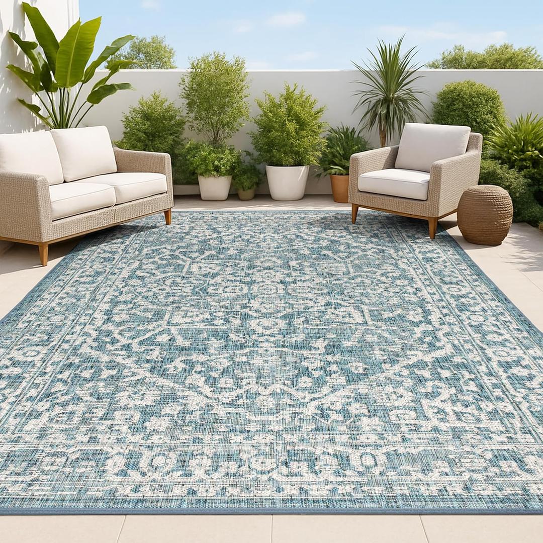 JONATHAN Y SMB104B-8 Malta Bohemian Medallion Textured Weave Indoor Outdoor Area Rug, Coastal, Traditional, Transitional Easy Cleaning, Bedroom, Kitchen, Backyard, Patio, Non Shedding, Teal/Gray, 8' X 10' (7'9" x 10' (Rectangular))