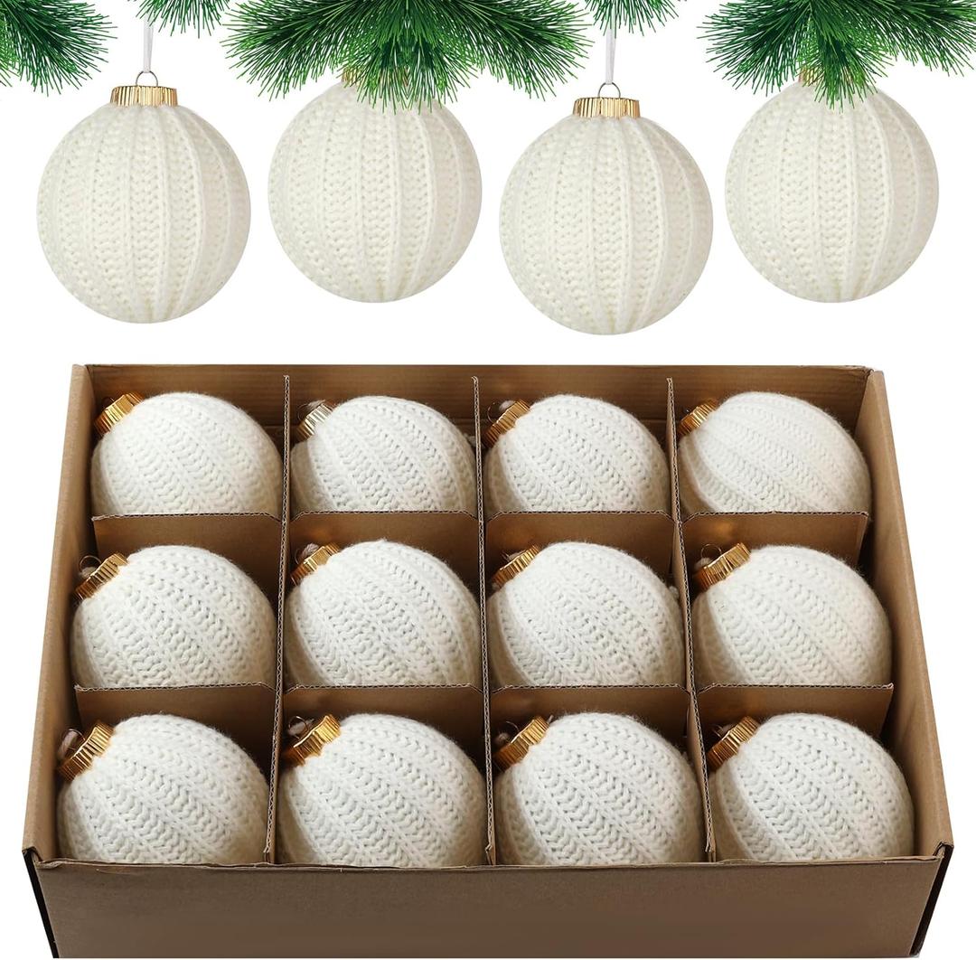 12 Pack Crochet Christmas Ball Ornaments Christmas Knitted Tree Decor - Earthy Tones & Festive Colors for Xmas Tree Decorating (White, 3.15 Inch)
