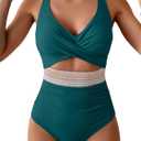 B2prity One Piece Swimsuit for Women Tummy Control V Neck Bathing Suit Color Block High Waisted Cutout Swimwear (X-Large, Green)