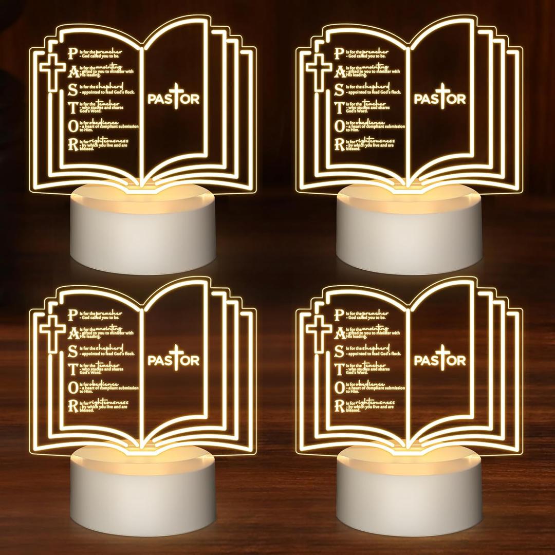 Kosiz 4 Pcs Pastor Appreciation Gifts Bulk LED Light Pastors Gift for Night Men Women Acrylic Clergy Lamp with Base Bible Verse Gifts for Birthday Anniversary (Stylish Pastor)