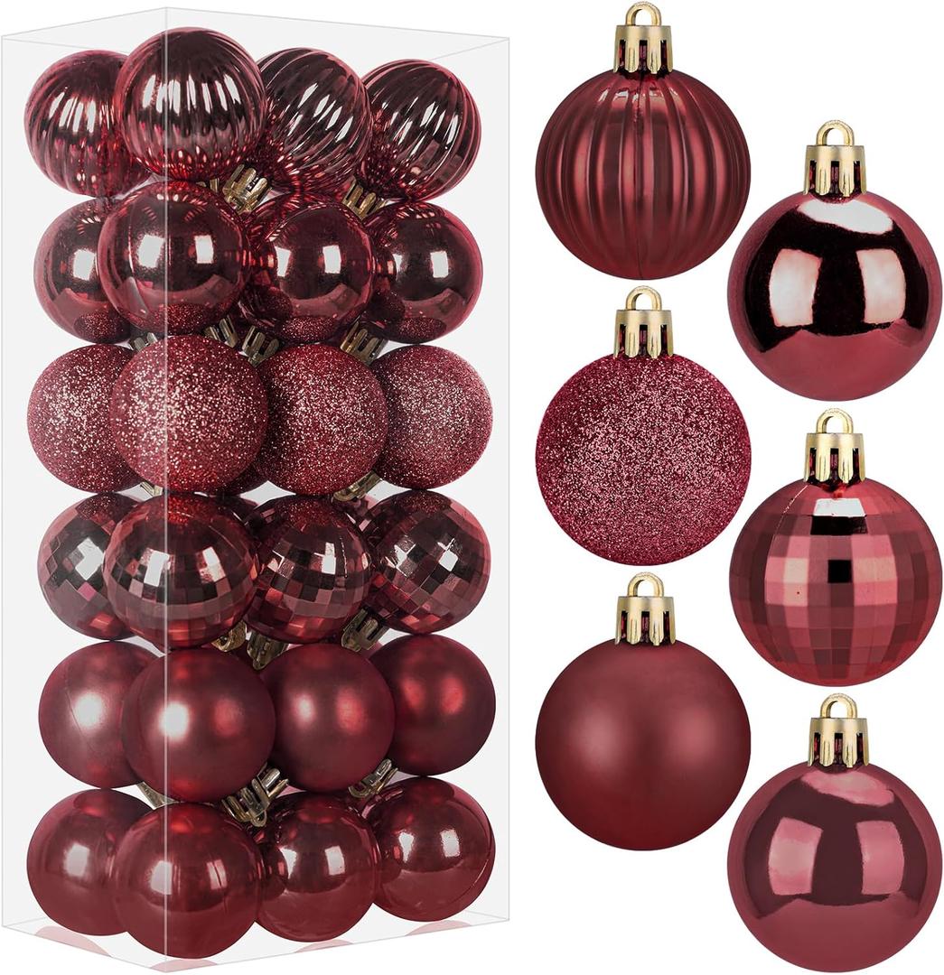 36-ct Christmas Balls Ornaments Set, 1.97-Inch Christmas Tree Balls with Hanging Strings, 6 Classic Finishes Shatterproof Plastic Decor for Xmas Holiday Wedding Party Home Indoor Decorations-Red