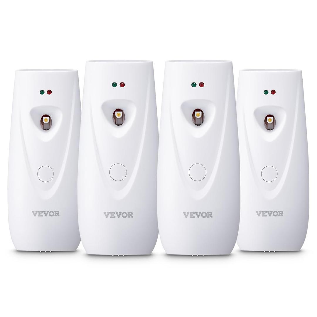 VEVOR Automatic Air Freshener Spray Dispenser, 4-Pack, Wall Mounted or Free Standing, Battery Operated, Multiple Time Settings for Home, Indoor, Bathrooms, Offices, Hotels, Commercial Places, White