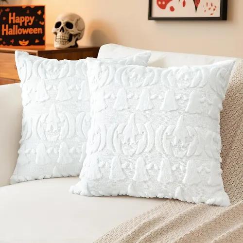 Pack Of 2 Artscope Halloween Pillow Covers 18 x 18 Set of 2 Decorative Ghost Holiday Pumpkin Throw Pillow Cases Soft Plush Faux Fur Couch Cushion Case for Farmhouse Halloween Sofa Bed Room Home Decor-White