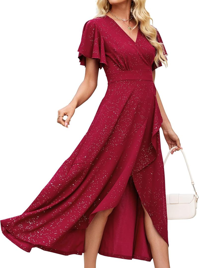 Long Black Formal Dresses for Women Gowns Evening Party Cocktail Dress,Split Elegant V Neck Wrap Ruffle Wedding Guest Dresses Medium