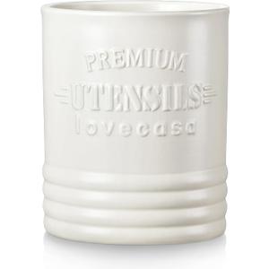 LOVECASA Vintage Utensil Holder for Kitchen Countertop, 7.2 Large Ceramic Utensil Crock for Home Dcor, Farmhouse Utensil Vase for Housewarming, Wedding, Birthday Gift - Cream White