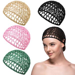 Geyoga 4 Pieces Mesh Crochet Hair Net Rayon Knit Snood Hat Thick Short Women Hairnet Snoods Cover Ornament for Sleeping(Black, Green, Pink, Beige)