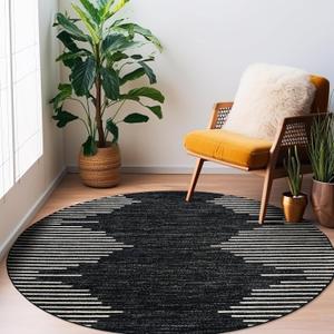Rugshop Bohemian Stripe Stain Resistant High Traffic Living Room Kitchen Bedroom Dining Home Office Round Area Rug 8' Black