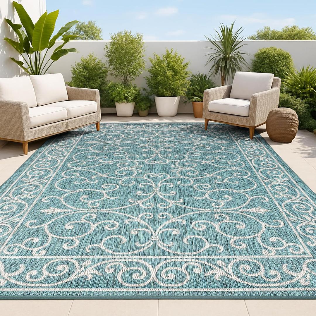 JONATHAN Y Vintage Filigree Indoor Outdoor Area Rug 4X6 Teal/Gray, Charleston Textured Weave for Backyard, Patio, Porch, Easy-Cleaning, High Traffic, Pet-Friendly, Non-Shedding (SMB106F-4), 3'11" x 6'
