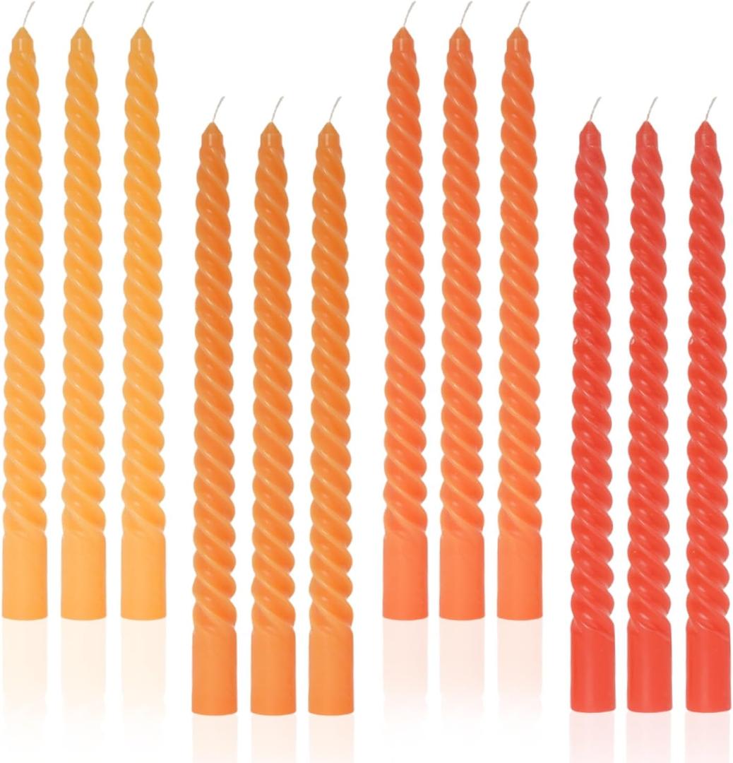 Candle Stick Spiral Tall Taper Candles,Unscented Candle for Holiday,Wedding and Home Decoration,10inch,12 Pack(Gradient Orange)