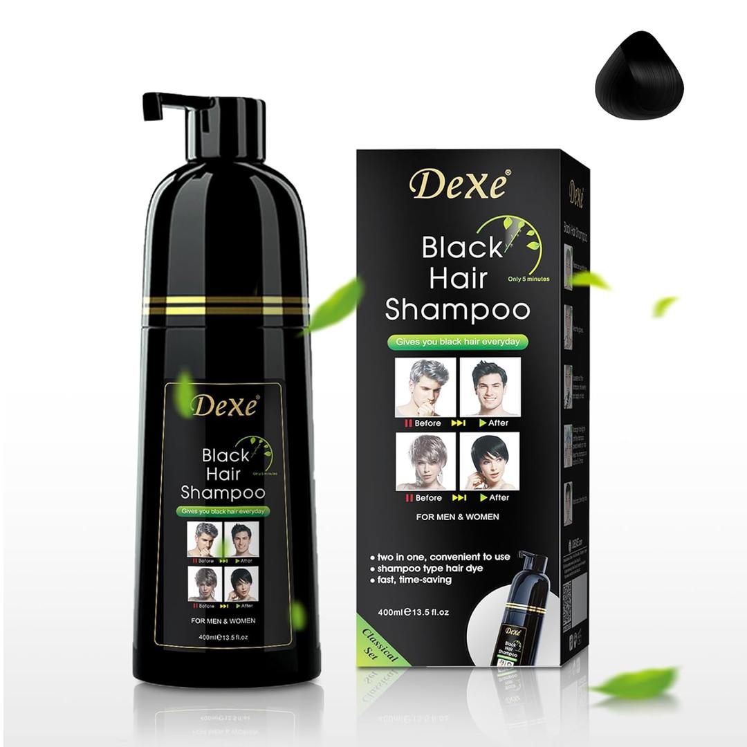 DEXE Black Hair Dye Shampoo for Gray Hair Coverage,Hair Color Shampoo for Men/Women,3 in 1-100% Grey Cover,Permanent Hair Shampoo,Herbal Ingredients and Ammonia Free,400ML(14 Fl oz)(BB: February 07, 2028)