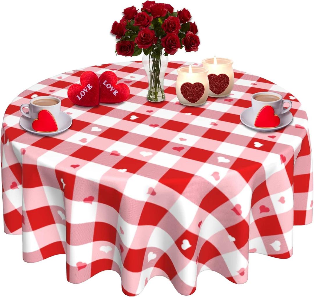 SuQKXCo Valentine's Day Heart Buffalo Plaid Pink Red Round Tablecloth 60 inch Table Cloths Cover Mat Spill Proof Table Covers for Kitchen Party Dinner Tabletop Decoration