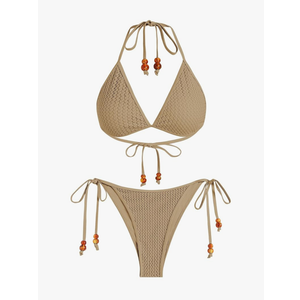 ZAFUL Women Bikini Set Two Piece Textured Beaded Tie Back Halter Cheeky Swimsuit Bathing Suit S, Coffee