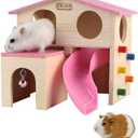 kathson Pet Small Animal Hideout Hamster House with Funny Climbing Ladder Slide Wooden Hut Play Toys Chews for Small Animals Like Dwarf Hamster and Mouse(Pink)