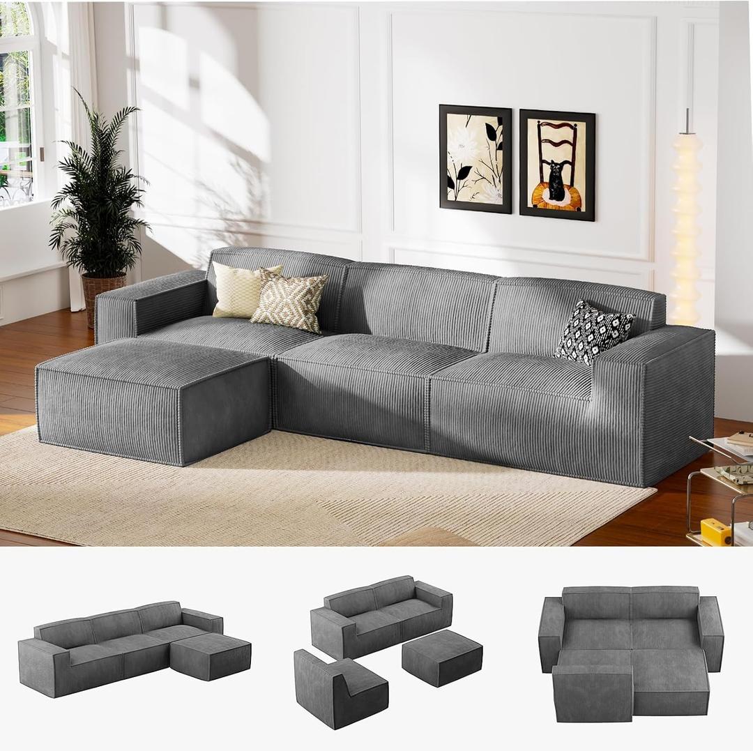 Marsail 111" L-Shape Sofa, Modular Cloud Couches with Deep Seats & High-Back, Corduroy Sectional Sofa for Living Room Bedroom with Ottoman, No Assembly Required, Grey