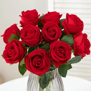 Hawesome 12PCS Artificial Roses Silk Flowers Fake Roses Bouquet Long Stem for Home Wedding Decoration Party (Red)