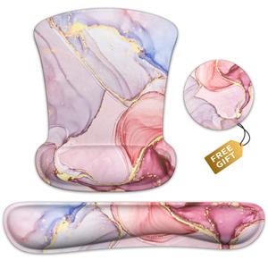 Wrist Rest Support Ergonomic Gel Mouse Pad & Memory Foam Keyboard Set Non-Slip Rubber PU Base Easy Typing and Relieve Wrist Pain Mouse Mat for Computer Office - Pink Marble