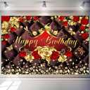 Floral Happy Birthday Backdrop 8 x 6 ft for Girls Woman Wedding Anniversary Party Decorations Banner Luxurious Golden Red Rose Elegant Velvet Retro Theme Background for Memorial Day
