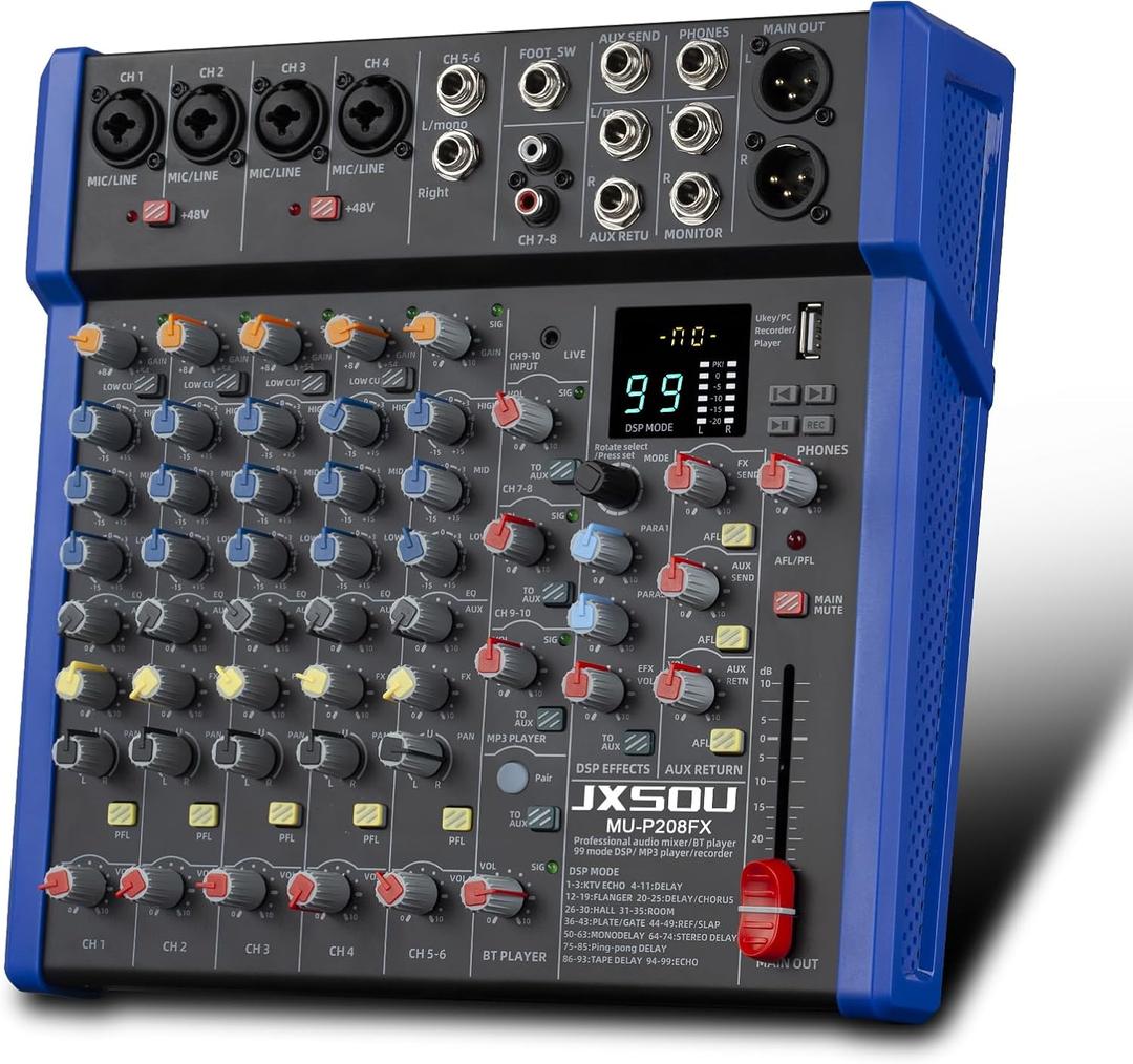 Audio Mixer, 10-Channel DJ Mixer Bluetooth Studio Mixing Board Audio with 99 DSP Effects USB Drive+48V Phantom Power, XLR Microphone Jack Professional Mixer For Karaoke Studio Streaming