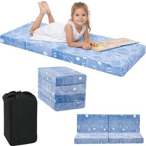 MeMoreCool Kids Folding Mattress, Trifold Mat Foldable Floor Mattress for Kids, 63x26 Tri Fold Floor Mat with Washable Cover and Carry Bag, Portable Floor Mat for Sleepover Daycare, Blue Astronaut