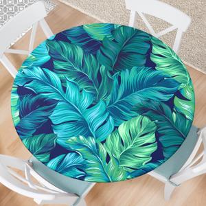 Round Fitted Tablecloth with Elastic Edge Indoor Outdoor Washable Reusable Table Cover for Kitchen Picnic Party Fits 40-44" Diameter Round Tables (Palm Leaf)