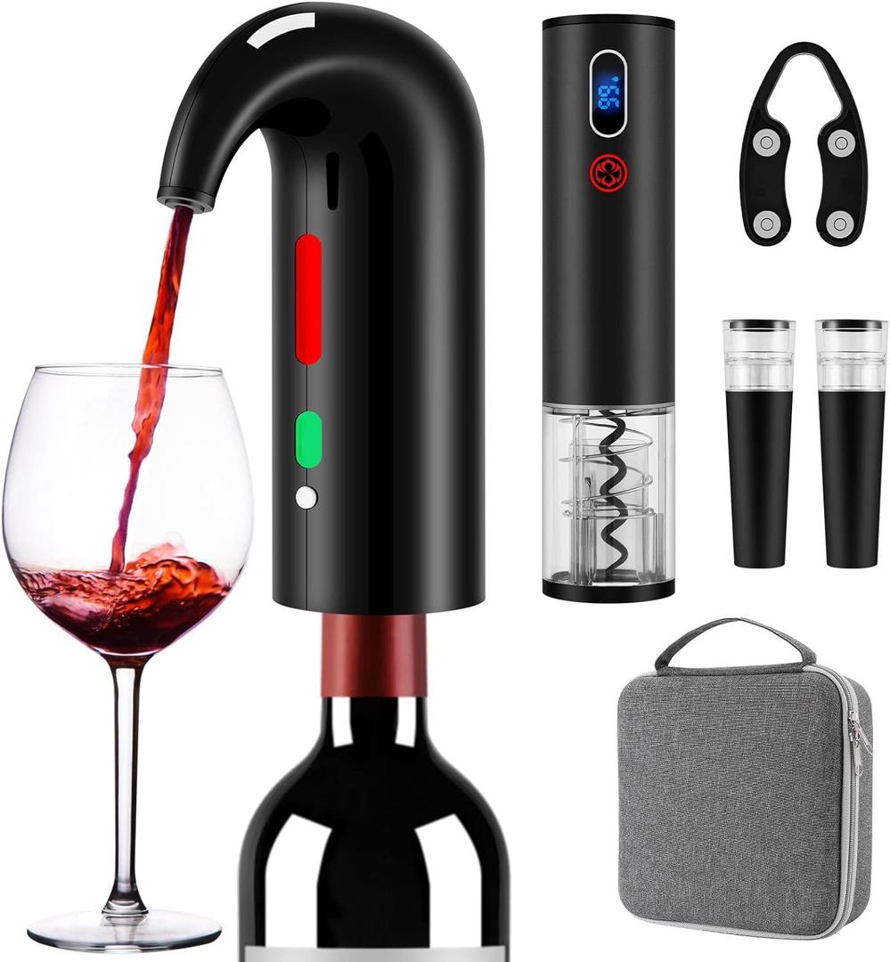 Wine Opener Valentines Day Gift Set with Electric Wine Bottle Opener, Wine Decanter&Wine Aerator and Pourer, wine stopper, Foil Cutter and EVA Storage Bag, Rechargeable and Automatic(Black) (Silk Anthracite)