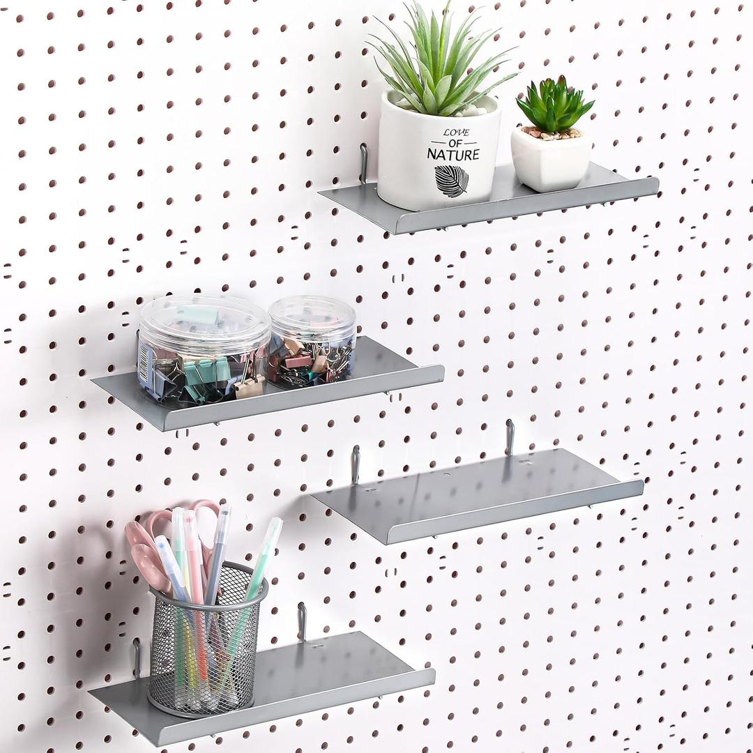 Beeveer 4 Pcs Pegboard Shelves Wall Organizer Brackets Pegboard Steel Tray Accessories Organizing Tools for Craft Garage Nursery Workbench Kitchen(10.04 x 4.33 Inch,Silver)