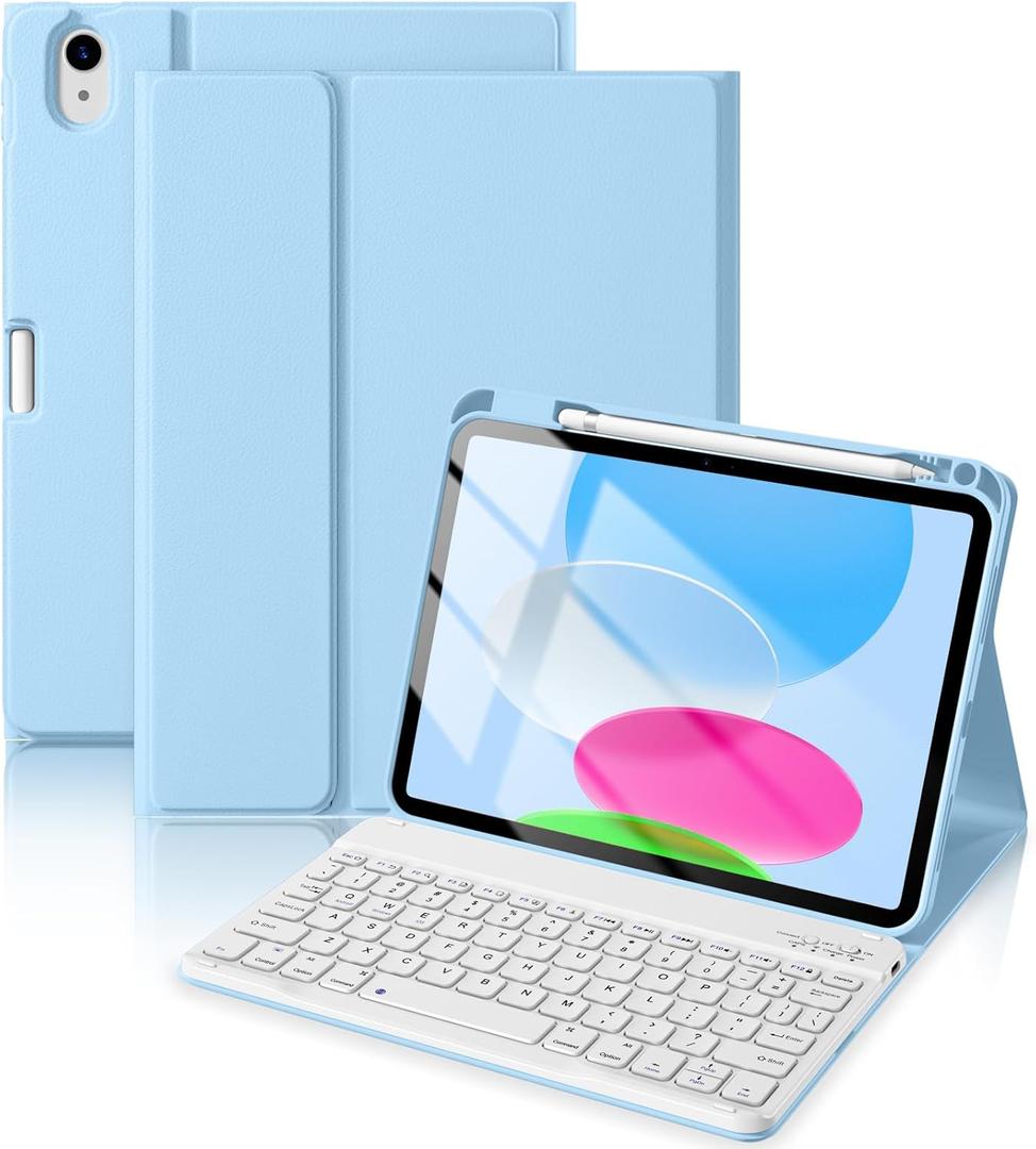 iPad 10th Generation Case with Keyboard 10.9 Inch 2022/iPad (A16) 11th Gen 11 Inch 2025 - Magnetic Detachable Keyboard, Stain Proof Cover, Smart Folio Case with Pencil Holder - Sky Blue