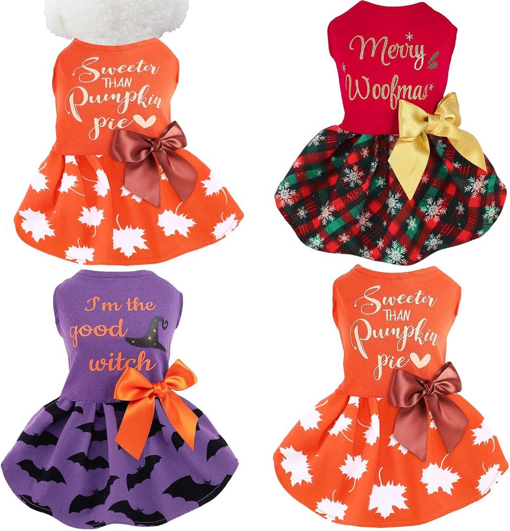 Abbylike 3 Pcs Seasonal Dog Outfits Christmas Halloween Thanksgiving Pet Costume Cotton Holiday Puppy Dress Lightweight Pet Apparel with Bowknot for Large Medium Cat Clothing, Medium