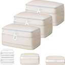 DIMJ Comforter Storage Bag - 100L Large Capacity Blanket Storage Compression Bags, Washable Space Saving Self Compression Organizer with Window Handles, Space Saver for Clothes, Bedding, Sheet (100L x 3 Pack, Beige)