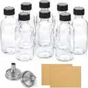 8 Pack, 2 oz Small Clear Glass Bottles w/ Lid & 2 Stainless Steel Funnels - 60ml Boston Sample Bottles - Mini Travel Essential or Decorative Bottles for Potion, Juice, Wellness, Ginger Shots, Whiskey