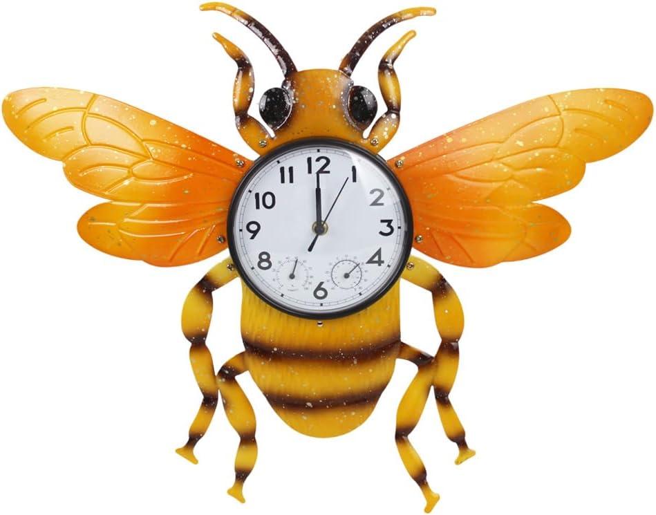 Unique Outdoor Clock Silent None-Ticking, Outdoor Wall Clock with Thermometer & Humidity, Waterproof Outside Clock for Patio, Living Room, Kitchen (Yellow Bee)