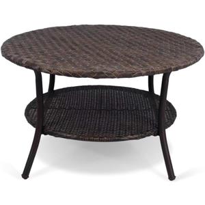 Cambridge Outdoor Rattan Round Coffee Table, All-Weather HDPE Wicker Patio Side Table 2-Tier Circle Table with Storage for Garden Porch Deck, Brown