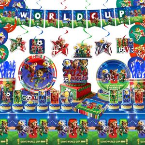150PCS World Cup Mascot Birthday Party Decorations, 71"x43" Tablecloth, Plates, Cake Topper, Cutlery, Napkins, Balloons, Banners, Hanging Swirls, Complete Soccer Theme Party Supplies