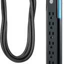 GE 7-Outlet Surge Protector, 4 Ft Power Cord, 1080 Joules, Flat Plug, Power Filter, Circuit Breaker, UL Listed, Black, 34460