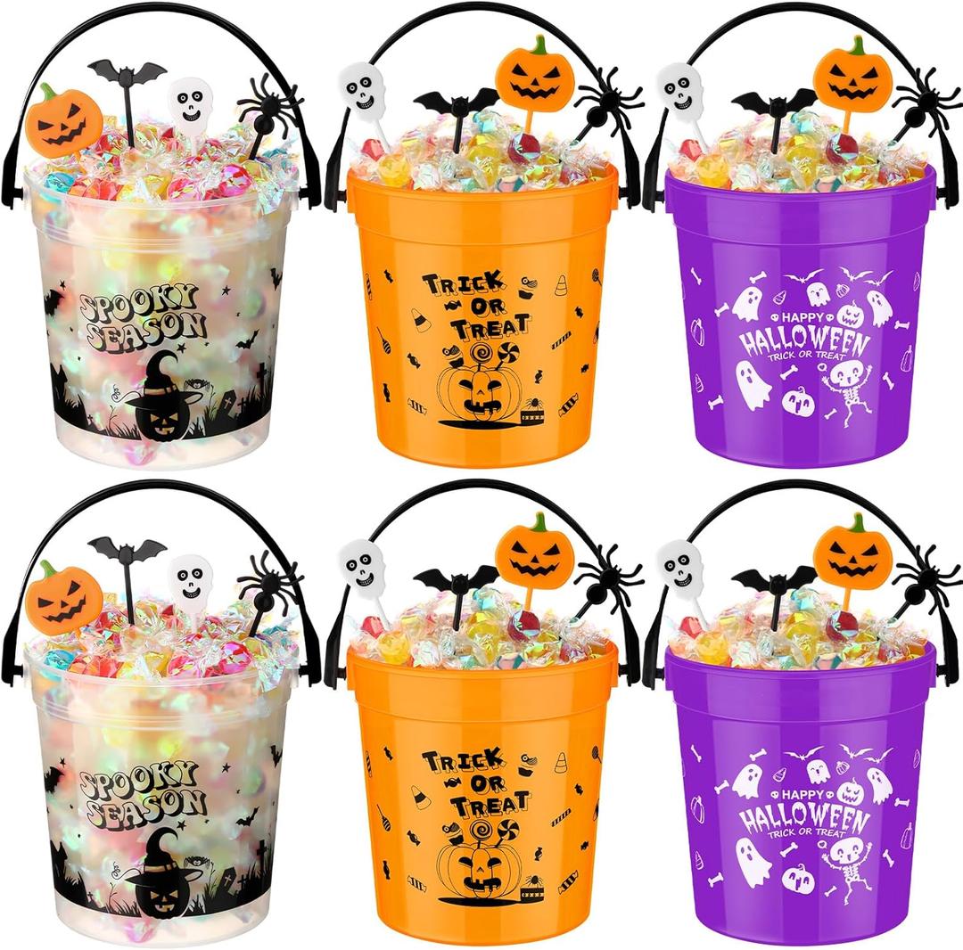 Bucherry 6 Pcs Halloween Trick or Treat Bucket with Handle 4.6 x 3.8 x 4.8 Inches Plastic Candy Baskets with 12 Pcs Pumpkin Bat Spider Skull Picks for Party Supplies and Home Decoration(Mixed)