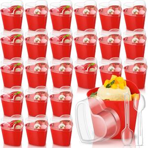 Sliner 24 Pack 5 oz Valentine's Day Heart Shaped Dessert Cups with Lids and Spoons Plastic Dessert Container Heart Shaped Bowls Disposable Parfait Pudding Shooter for Valentine Wedding Party (Red)