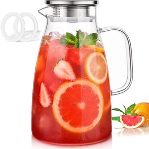 Potdoctor Glass Pitcher with Lid, 2 Liter 68oz Water Pitcher with Handle and Spout for Fridge, Borosilicate Glass for Iced Tea, Juice, Sangria, Cold/Hot Beverage, Large Jug with 2 Silicone Rings