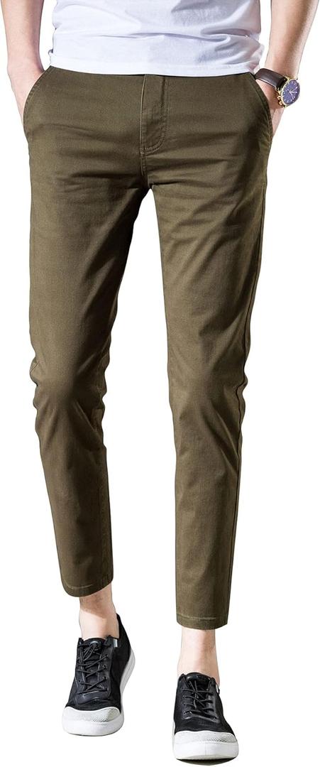 AONGSNNY Men's Cropped Chino Pants Skinny Fit Chinos Khaki Pant (34W x 27L, Army Green)