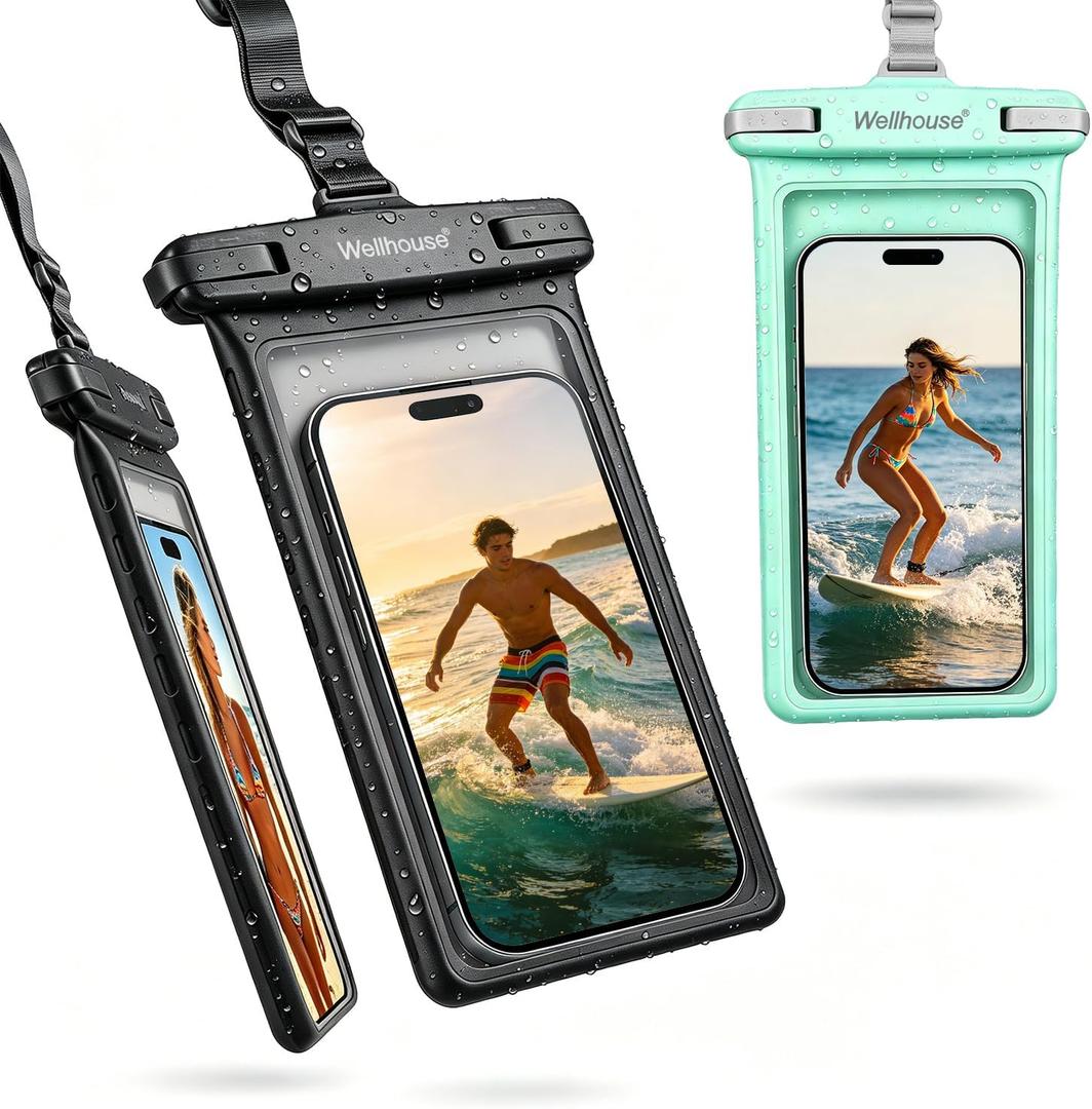 wellhouse Waterproof Phone Pouch, Waterproof Phone Case for iPhone17 16 15 14 13 Pro Max XS Samsung, IPX8 3D Cellphone Dry Bag Beach Essentials (2 Pack - Black & Green 8.0", 8 inch)